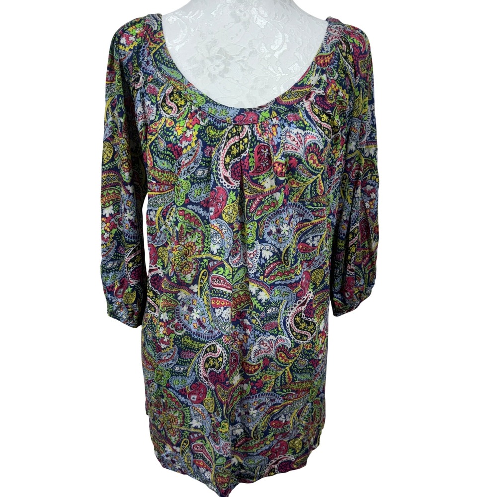 Ric Rac Multicolor Paisley Boho Long Sleeve Scoop Neck Tunic Top Blouse Womens L
